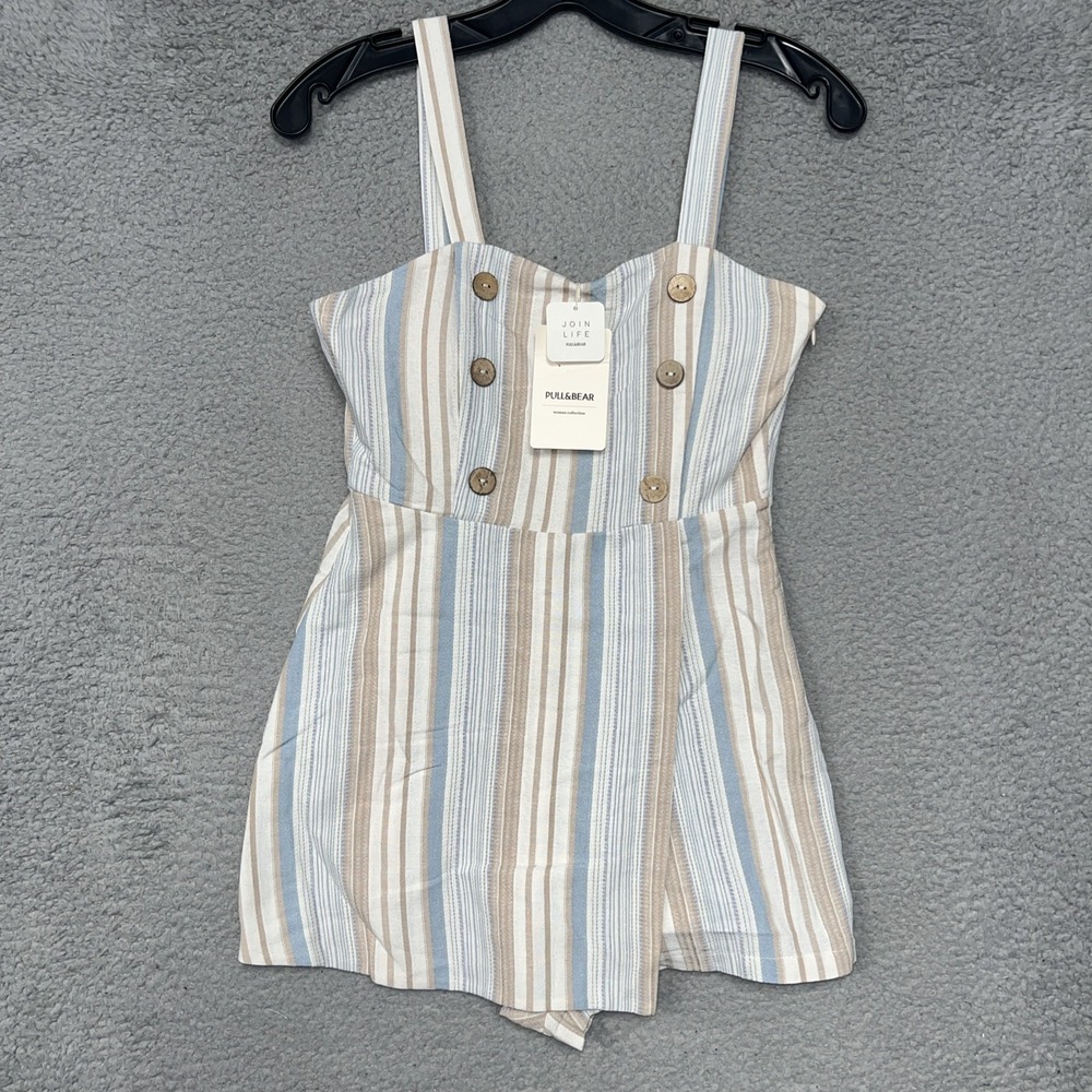 NWT Pull & Bear Jumper Dress Women's Sz S Striped Button Detail Romper Overalls